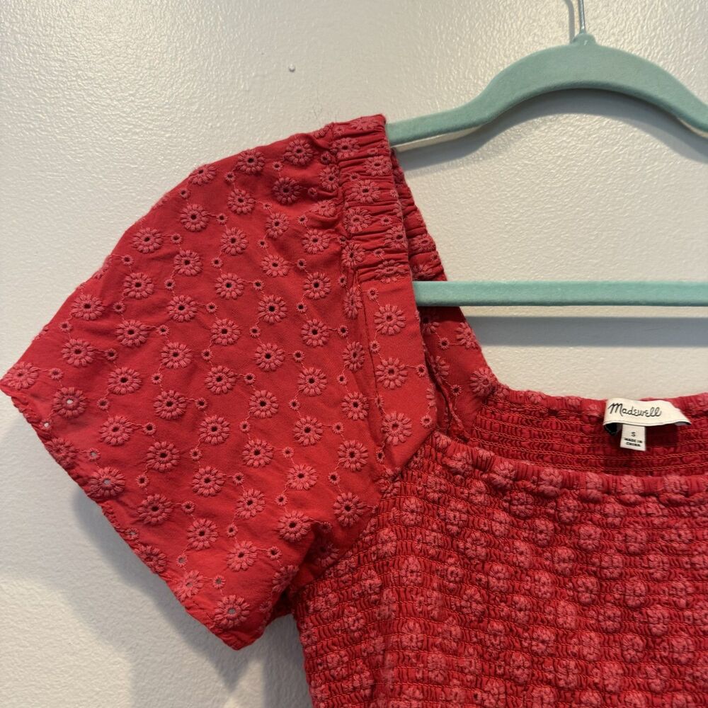 Madewell Eyelet Lucie Smocked Mini Dress Red Picnic Brunch Vacation Women Small - Picture 8 of 10